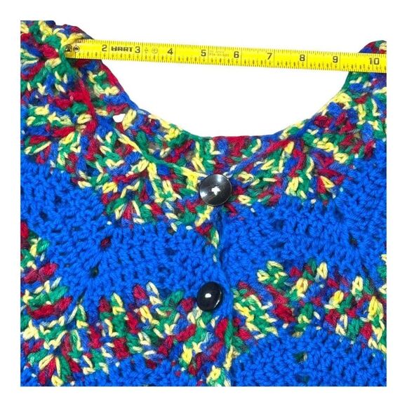 Handmade Crochet Knit Zigzag Poncho Button Closure Blue Yellow & Design Vintage - Picture 2 of 5